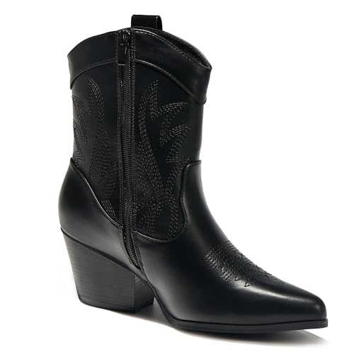 Image of PEPPEP Western Cowgirl Cowboy Ankle Boots for Women or Ladies, Mid Calf, Vegan Leather Embroidered Upper, Low Heel, Fashionable Pointed-toe, Well Made