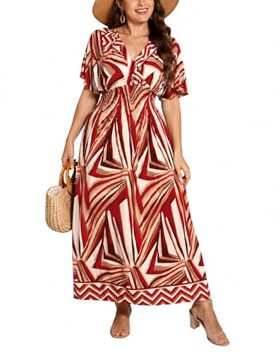 Image of OSTOO Women's Plus Size Hawaii Empire Waist Bat Short Sleeve Casual Floral Print Boho Maxi Dress