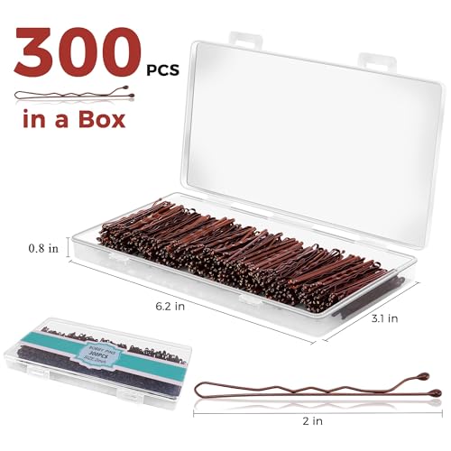 300 Pcs Bobby Pins Brown, EWAGOA Brown Hair Pins for Women Girls and Kids, Invisible curled Hair clips with Storage box, Pain-Free Hairpins(2 Inch Brown)