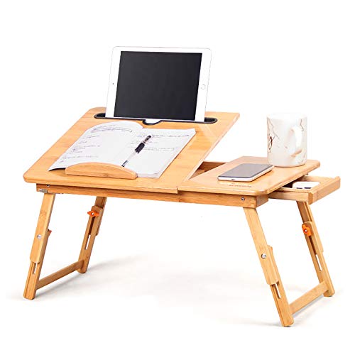 QWEASDF Bureau d'ordinateur Portable Portable pour lit, 100% Bambou réglable Pliable Serving Lit Plateau Petit déjeuner w » Tilting Top Drawer pour Lire et...