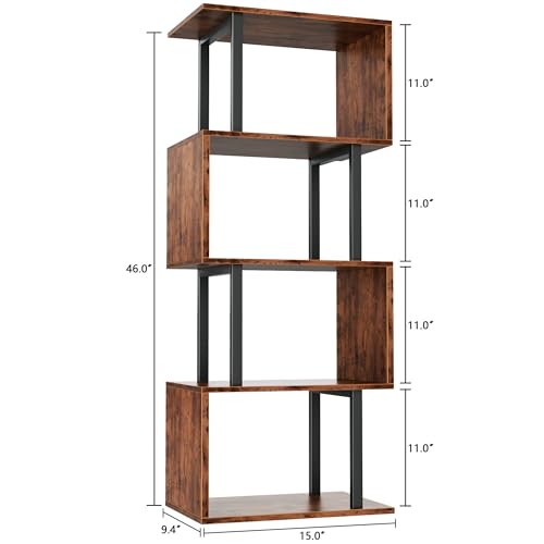Image of Furologee 5 Tier Bookshelf, S Shaped Geometric Bookcase, Narrow Freestanding Display Shelves, Modern Wood Decorative Storage Rack for Bedroom, Living Room, Home Office, Rustic Brown