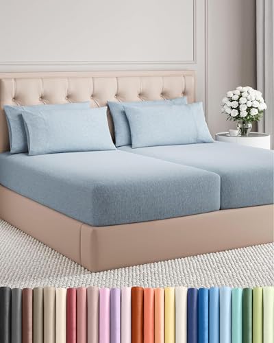 Image of Split King 7 Piece Bed Sheet Set - Breathable & Cooling - Heathered Blue | Ultra-Soft Hotel Luxury Bedding Set w / 8-16 Inch Deep Pockets, 1 Flat & 2 Fitted Sheet & 4 Pillowcases, Wrinkle & Fade Free
