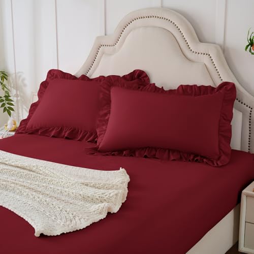 Image of Homiest 3-Pieces Ruffle Pillow Case & Fitted Sheet Set, Burgundy King Sheets with 2 Ruffled Pillow Shams, 15 Inch Deep Pocket, Cute & Coquette Microfiber Bed Set for Decorating Bedroom Hotel