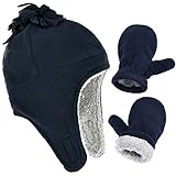 Toddler Winter Hat and Mittens Set - Baby Kids Sherpa Lined Warm Fleece Earflap Pilot Hat Set for Girls Boys(Navy, M/1-2y)