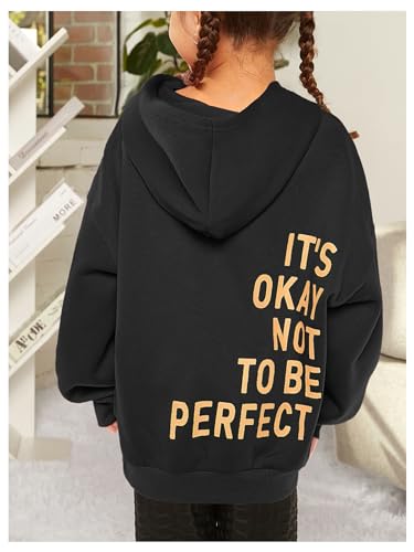 SweatyRocks Moletom feminino com capuz de manga comprida e estampa de letras grandes, Preto, 10 Anos