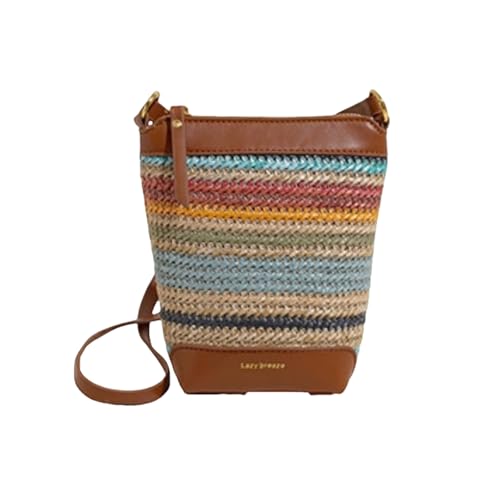 ORBENTO Rainbow Braided Straw Beach Bag for Women Lightweight Summer Shoulder Tote Resort Bucket Purse