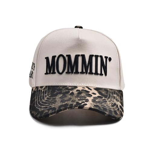 Mommin Trucker Hat for Women Embroidered Mom Baseball Cap Adjustable Canvas Vintage Hat for Casual Wear Leopard
