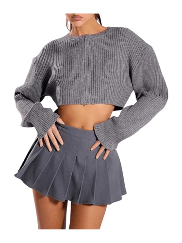 MakeMeChic Women's Zipper Cropped Cardigan Sweaters Long Sleeve Round Neck Rib Knitted Crop Tops