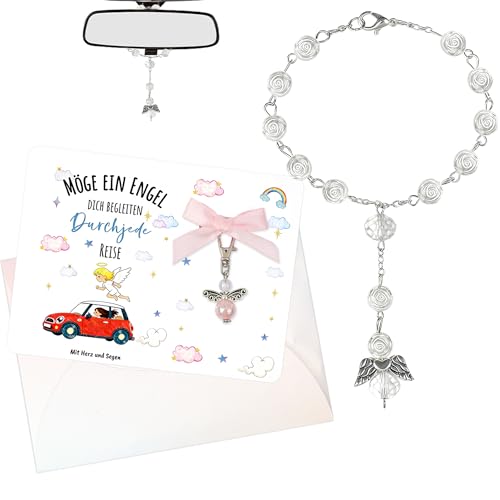 Schutzengel Auto Anhänger für Spiegel Rosenkranz Glücksbringer Auto Innenraum Zubehör Autoanhänger Frauen Geschenk für Führerschein Bestanden & Neuer Wagen (Autoanhänger + Schlüsselanhänger)