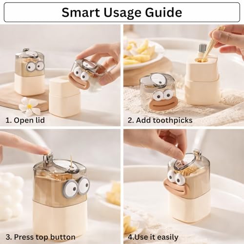 Image of LUXE HOME INTERNATIONAL Cartoon Shape Pop-Up Automatic Toothpick Holder Dispenser Plastic Portable Push Retractable Storage Box For Home Kitchen Restaurant Dining Table 6x6x9 cm Beige Pack Of 1