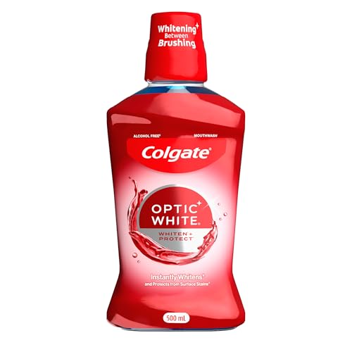 Colgate Optic White Teeth Whitening Mouthwash, 500mL, with Optic Brightener, Alcohol Free