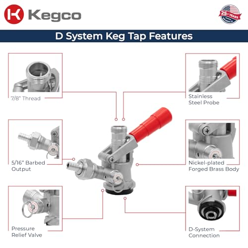 Image of Kegco Beer Keg Coupler D System Tap - Red Lever Handle
