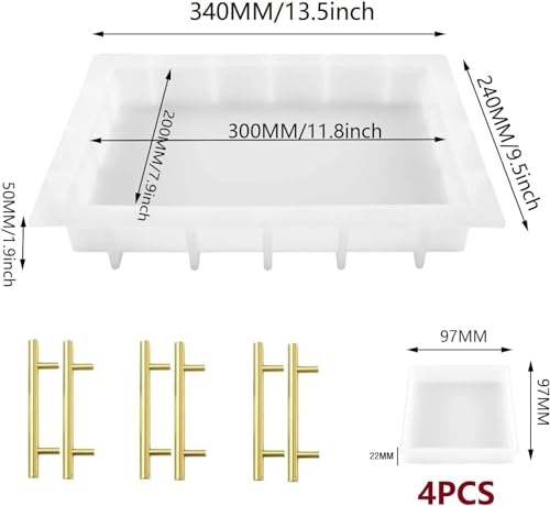 13.5\" Rectangular x 2\" Deep Large Tray Mold and 4 Deep Resin Coaster Molds and 3 Pairs Handles, Silicone Tray Board Table Clock Mold for Epoxy Resin, Floral Preservation Bouquet
