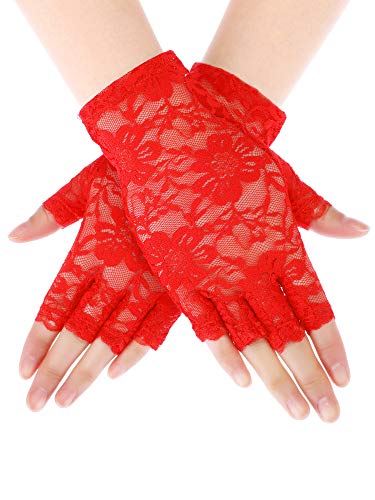 Skylety Sunblock Fingerless Bridal Lace Gloves Short Floral Gloves for Women (Red)