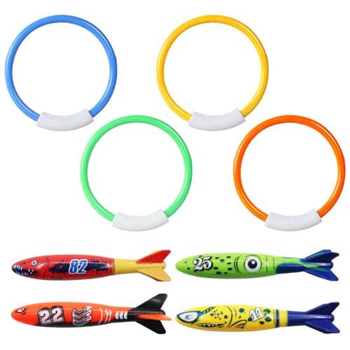 MagiSel - Juguete de natación para piscina, juguetes de buceo, 4 anillos de buceo y 4 juguetes para peces de buceo
