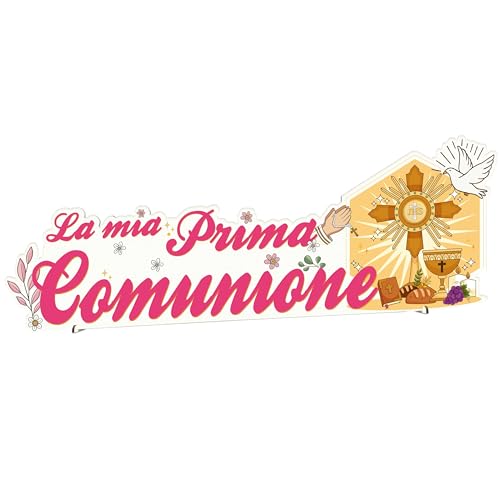 STAMPATEK Centrotavola Comunione Decorazioni Prima Comunione Bambina, Scritta Prima Comunione da Tavolo, Decorazione Tavolo Comunione Addobbi Comunione in Legno 60x21 cm DS2