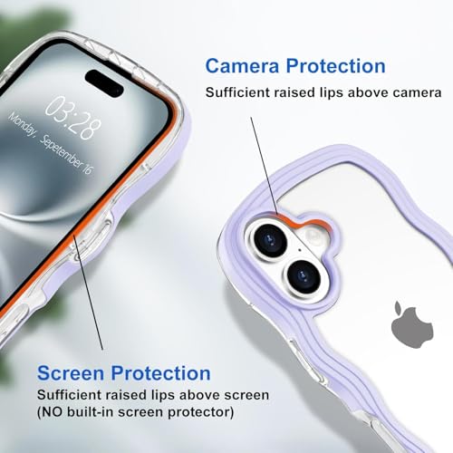 Image of GoldKart iPhone 16 Case Wavy Edge Clear Back Design, Anti-Slip Grip Cute Wave Curly Frame Shape Shockproof Soft TPU & Hard PC Bumper Protective Phone Case Cover for Women Girls - Purple