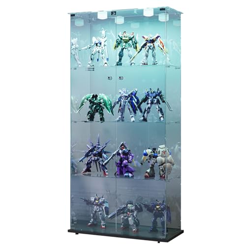 Sorvaglos - Vitrina con iluminación LED, 4 pisos, puerta de cristal templado, negro, antipolvo, vitrina vertical para sala de estar, oficina, objetos de colección, 35 x 39,8 x 163 cm