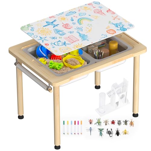 Image of BRINJOY Sensory Table for Toddlers, Kids Activity Desk with Storage Bins, 3 in 1 Wood Sand and Water Table with Colored Pens & Animal Toys & DIY Tunnels for Indoor Outdoor Gifts