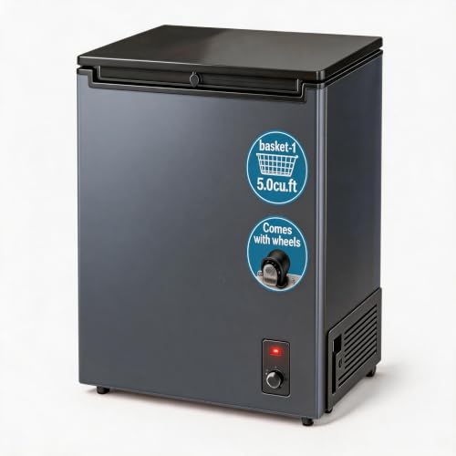 Energy Saving Quiet Top Open Mini Chest Freezer, 7-Speed Adjustable Thermostat, Compact Deep Freezer with Removable Basket & Defrost Drain for Home Apartment (Black, 5.0, Cubic Feet)
