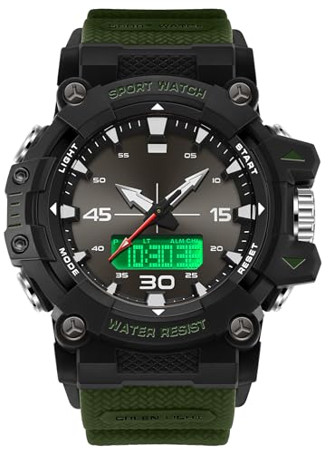 findtime Montre numérique pour homme, étanche, analogique, grand cadran militaire, chronomètre, compte à rebours, calendrier, montre tactique de sport pour homme, résistante aux chocs, Vert