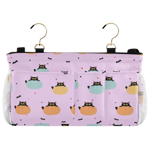 Burbuja Black Cats Peeking From Pumpkins Bedside Caddy Hanging Storage Organizer with 2 Straps and Hooks for Home College Dorm Bunk Bed Hospital Bed Crib