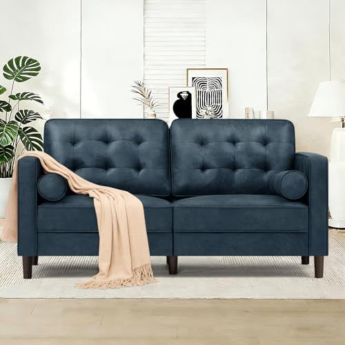 Image of 67 inch Suede Leather 2 Seater Sofa with Two Bolster Pillows, Blue | Tufted Sofa with Wooden Legs, Mordern Couch for Living Room, Office, Apartment