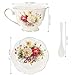Foraineam Floral Tea Cup with Saucers and Spoons Set of 6 - Coffee Cups and Saucers with Gold Trim - 6 oz Porcelain Ivory Latte Cup and Espresso Mug for Coffee Drinks and Tea
