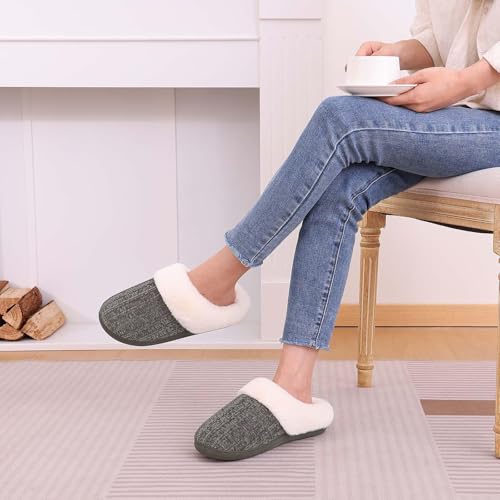 Image of Evshine Warm Knit House Slippers for Women Comfy Wool-Like Lined Chenille Slippers with Memory Foam and Indoor Outdoor Soles