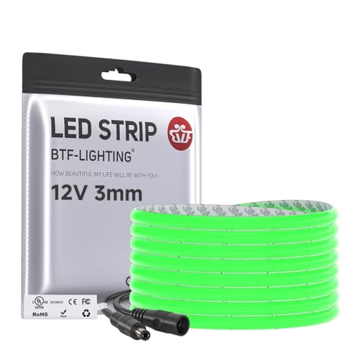 Image of BTF-LIGHTING Green Color 3mm Width Ultra Thin FCOB COB LED Strip,UL Listed Super Narrow Uniform Light,16.4FT DC12V CRI90+ LED Tape Light for Home Indoor DIY Lighting(No Adapter or Controller)