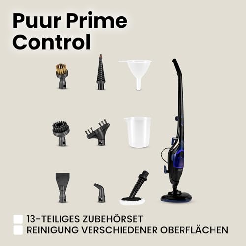 Zeegma Dampfmopp Handdampfreiniger Puur Prime Control 13 in 1 Düsenset für Böden, Teppiche, Fliesen, Fugen, Fenster, Stoffe, reinigungsmittelfreie Reinigung, zusammenklappbar, 1500 W, 400 ml