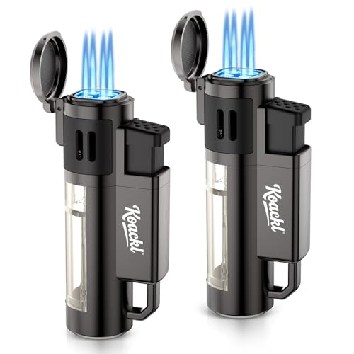 KOACKL Torch Lighter, Refillable Windproof Adjustable Quad Jet Flame Butane Lighter for Candle Grill BBQ Camping Fireworks, 2 Pack (No Fuel Included)