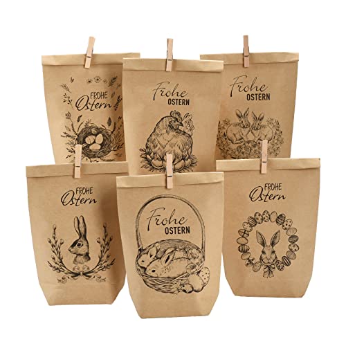 PANSIBY 12 DIY Geschenktüten Ostern, Osterhasen Tüten zum Verzieren und Befüllen, Papiertüten zu Ostern Party zum selber Befüllen, Schwarz Bedruckte Ostertüten mit Holzklammern Cover