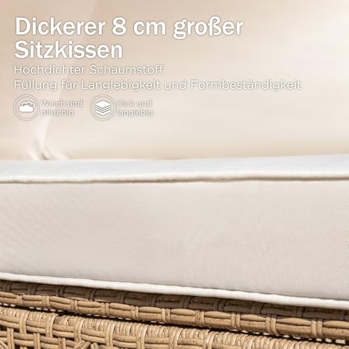 PHI VILLA Gartenmöbel Set Balkonmöbel 3 Teilig, Rattan Lounge Möbel Outdoor mit 1 Chaiselongue, 1 Zweisitzer-Sofa und 1 Kleiner Couchtisch, 4 Personen Terassenmöbel Außen Gartensofa
