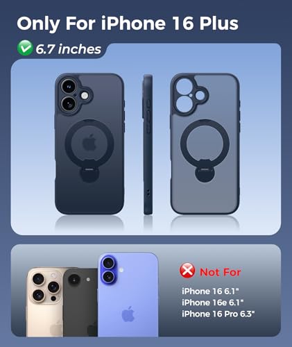 Image of FNTCASE for iPhone 16 Plus Case: [360 Spin Magnetic Stand] [Compatible with Magsafe] [Screen Protector] Translucent Matte Military Grade Shockproof Full Camera Protective Phone Cover - Deep Blue