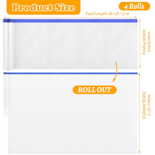 Image of 4 Rolls Painters Plastic with Tape 8.8 x 88 Feet Pre-Taped Masking Film Paint Plastic Covering for Painting, Automotive Covering and Appliance Protection