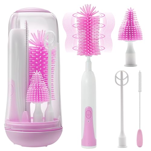 Image of Electric Bottle Brush Cleaner, Portable Electric Baby Bottle Brush for Travel, Waterproof Electric Bottle Cleaner Set with Nipple & Straw Brush, Baby Bottle Brush Electric with Milk Frother, Pink