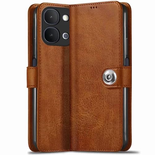 Image of TheGiftKart Flip Back Cover Case for iQOO Z11x 5G / Vivo T5x 5G / Vivo Y51 Pro 5G | Genuine Leather Finish | Designer Button | Inbuilt Pockets & Stand | Flip Back Case Cover (Faux Leather, Brown)