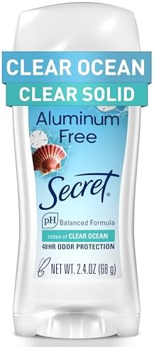 Secret Aluminum Free Deodorant for Women, 48hr Odor Protection, Free of Parabens Dyes Talc & Baking Soda, PH Balancing Minerals, Clear Solid, Clear Ocean Scent, 2.4 oz