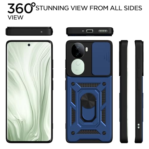 Image of Pikkme Back Cover for Vivo V40e 5G / iQOO Z9s 5G | 360 Protection Case | Sliding Camera Shield Cover & Ring Holder Stand D10 Tough Armor Bumper Case (Blue)