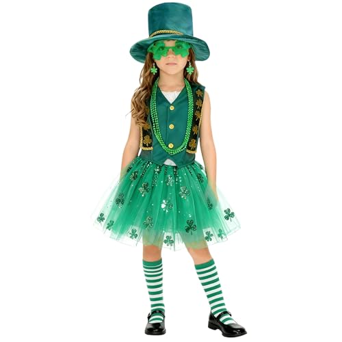 Conjunto de disfarce de duende irlandês para meninas de 7 peças composto por chapéu, colete, saia inchada, óculos, brincos, colar, meias, verde irlandês, disfarce irlandês para cosplay