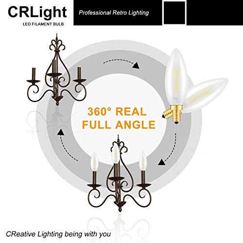 Crlight 5000K 2W Led Candelabra Bulb Daylight White, 25W Equivalent 250Lm, E12 Base Dimmable Led Chandelier Filament Light Bulbs, Antique Style B10 Frosted Glass Candle Torpedo Tip, 10 Pack #TOP6