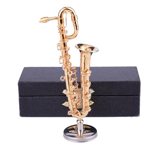 Dselvgvu Miniature Baritone Saxophone with Stand and Case Brass Mini Musical Instrument Baritone Saxophone Replica Collectible Figurines Birthday Gifts Home Decoration Display Ornament (4.25"x1.77")