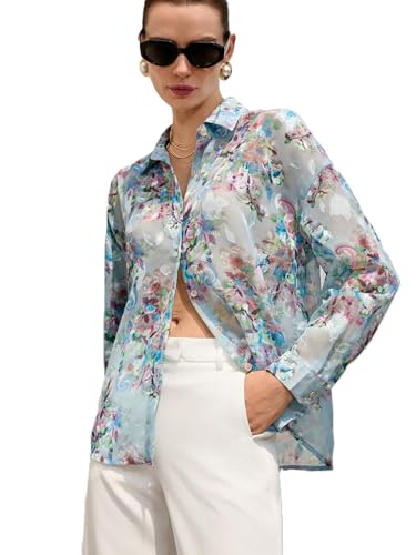 Image of Women Shirt || Women Top ||Floral Print Polo Collar Shirt, Casual Long Sleeve (S-26-28)