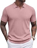COOFANDY Mens Polo Shirts V-Neck Short Sleeve Knit Sweater Shirt Classic Collared Golf Shirts Textured Pullover Tees Pink