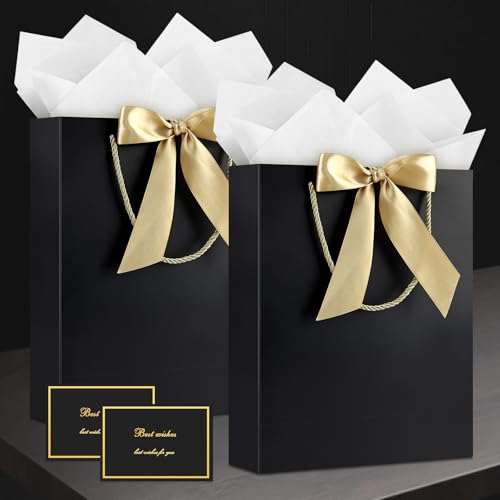 Image of JMANNI Gift Bag, 1PCS Gift Bags with Ribbon and 1 Greeting Cards 2 Tissue Paper, Portable Paper Gift Bag with Handles, Birthday Gift Bags,Present Bags for Wedding Party Mothers Day(PureBlack)