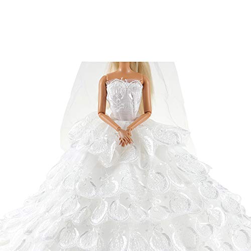 BARWA Wedding Dress Princess Evening Party White Dress Gown with Veil for 11.5 inch Dolls - Thumbnail 5