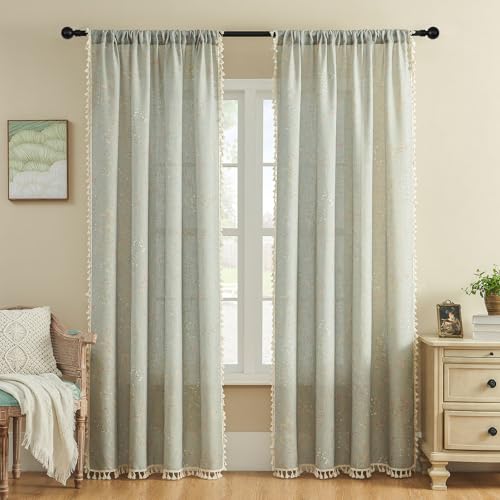 Image of Joydeco Linen Floral Boho Curtains 84 Inch, 2 Panels with Tassels | Super Soft Farmhouse Drapes, Semi Sheer Light Filtering, Natural Look for Bedroom Living Room, Modern Boho Decor