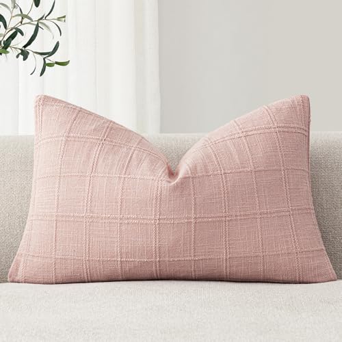 Image of Foindtower Set of 1 Decorative Linen Check Throw Pillow Cover Neutral Farmhouse Lumbar Cushion Cover Modern Coastal Boho Accent Home Decor for Sofa Chair Couch Bed Living Room,12x20 Inch,Light Pink