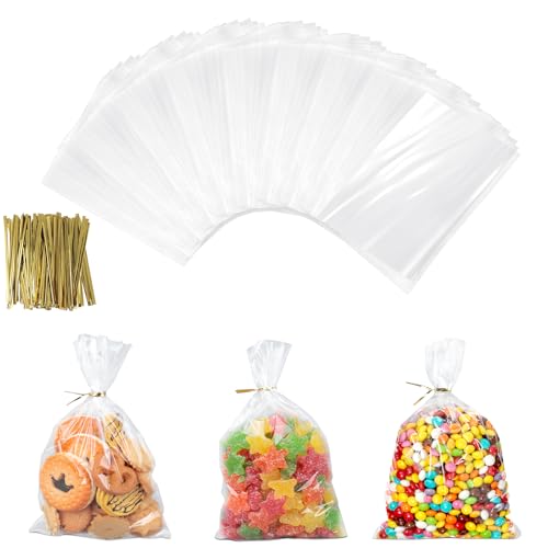AiQInu 200 Pièces Sachet Transparent avec Cravates, 15 x 10 cm Sachet Transparent Bonbon Sachets Confiserie, Sac Bonbon Cadeau OPP Sachets Confiserie pour...